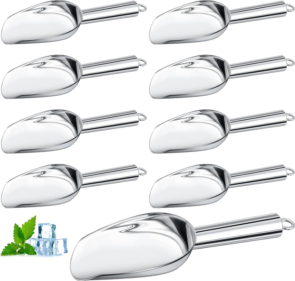 Zhehao 8 Pcs Metal Ice Scoop 6 oz Stainless Steel Ice Scooper for Ice Maker Kitchen Freezer Bar Wedding Party Small Scoops for Pet Animal Dog Food Candy Scoop Beach Shovel(Silver)