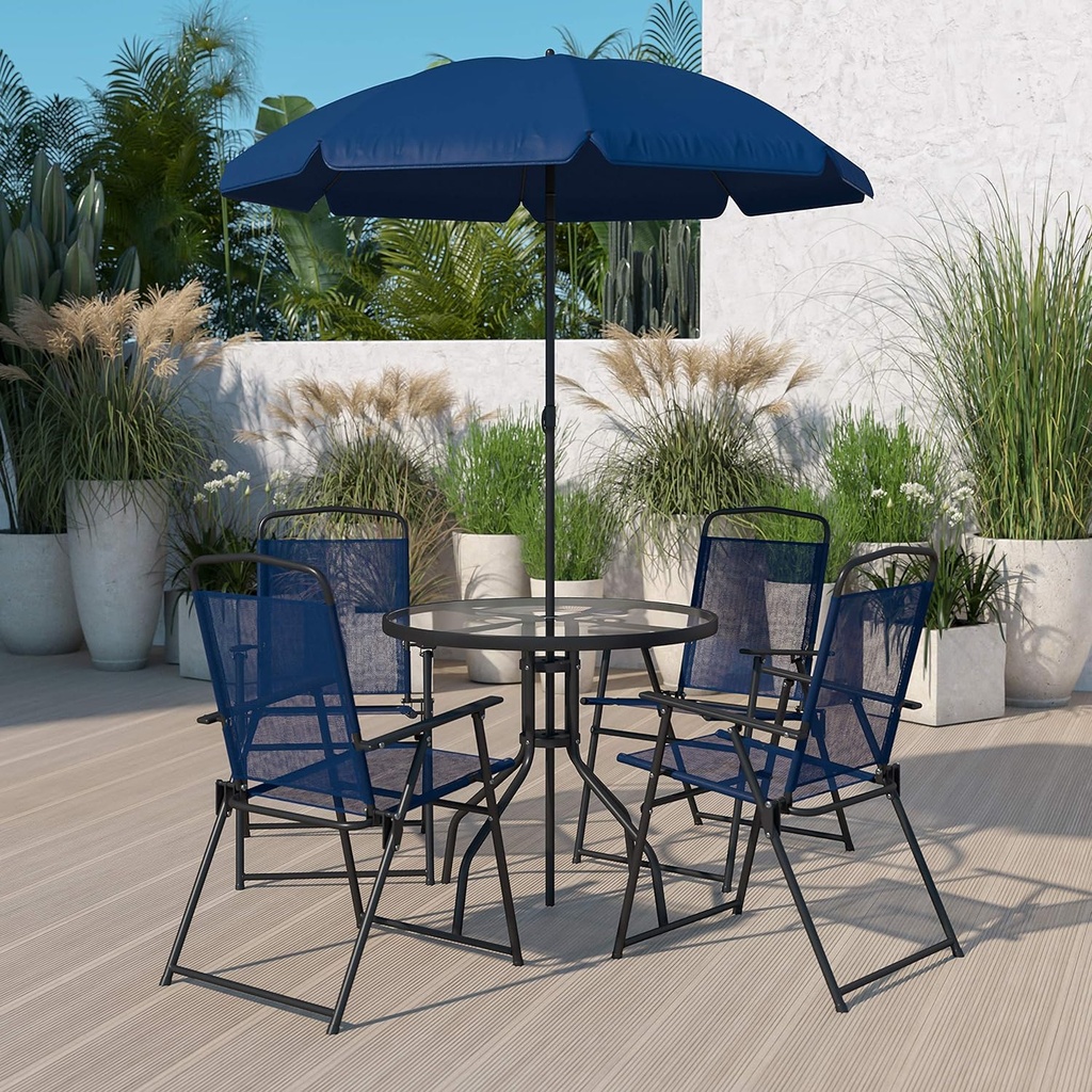 BizChair 6 Piece Navy Patio Garden Set with Umbrella Table and Set of 4 Folding Chairs