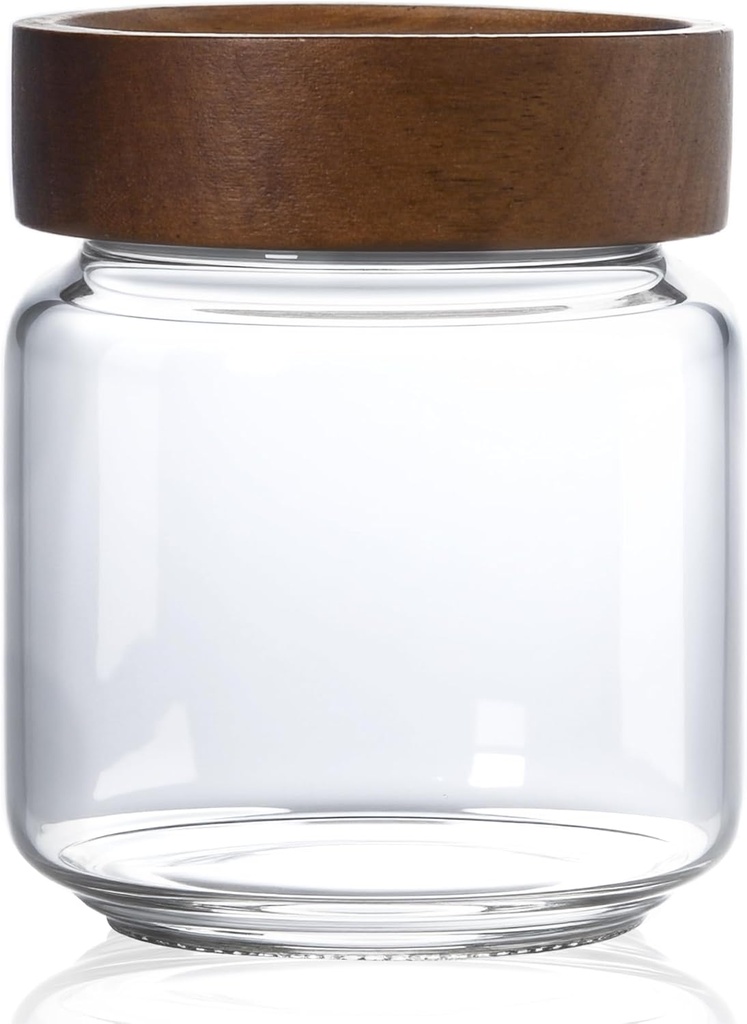 13.5 oz/400 ml Glass Jar with Airtight Wooden Screw Top Lid, Clear Stackable Food Storage Canister, Small Cute Decorative Glass Container for Coffee, Candy, Cookie, Sugar, Oatmeal, Salt, Spice