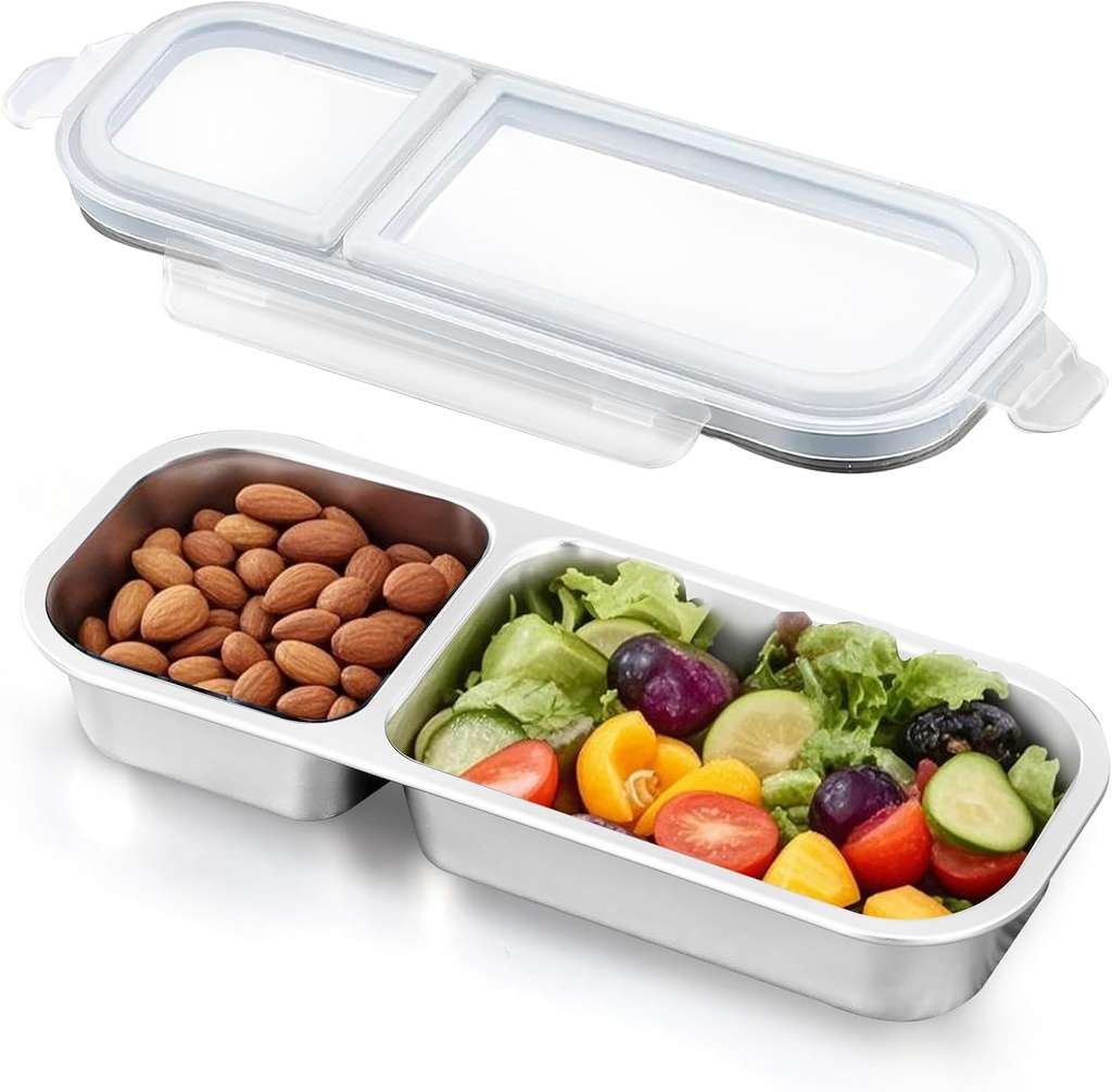 Ugotit Reusable Snackle Box Container with Lids - Leakproof 2 Compartment Stainless Steel Snack Box, Bento Box for Meal Prep, Office Lunches, Hiking, Dishwasher Safe (24oz, Grey)