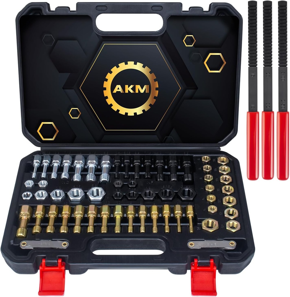 AKM 61Pcs Thread Restorer Kit, Rethread Repair Tool, UNC UNF & MetricThread Chaser Set with Thread Pitch Gauge