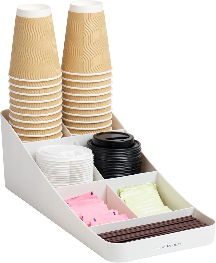 Mind Reader 7 Compartment Coffee Condiment, Cups, Lids, Sugars, Stirrers,Storage Organizer, White