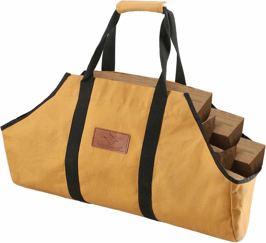 WHITEDUCK TUFF Large Firewood Carrier 21 Oz. Heavy Duty Waxed Canvas Fireplace Log Carrier Holders for Carrying Wood Indoors & Outdoor (Tan, Boat Shape (26"x17"x9"))