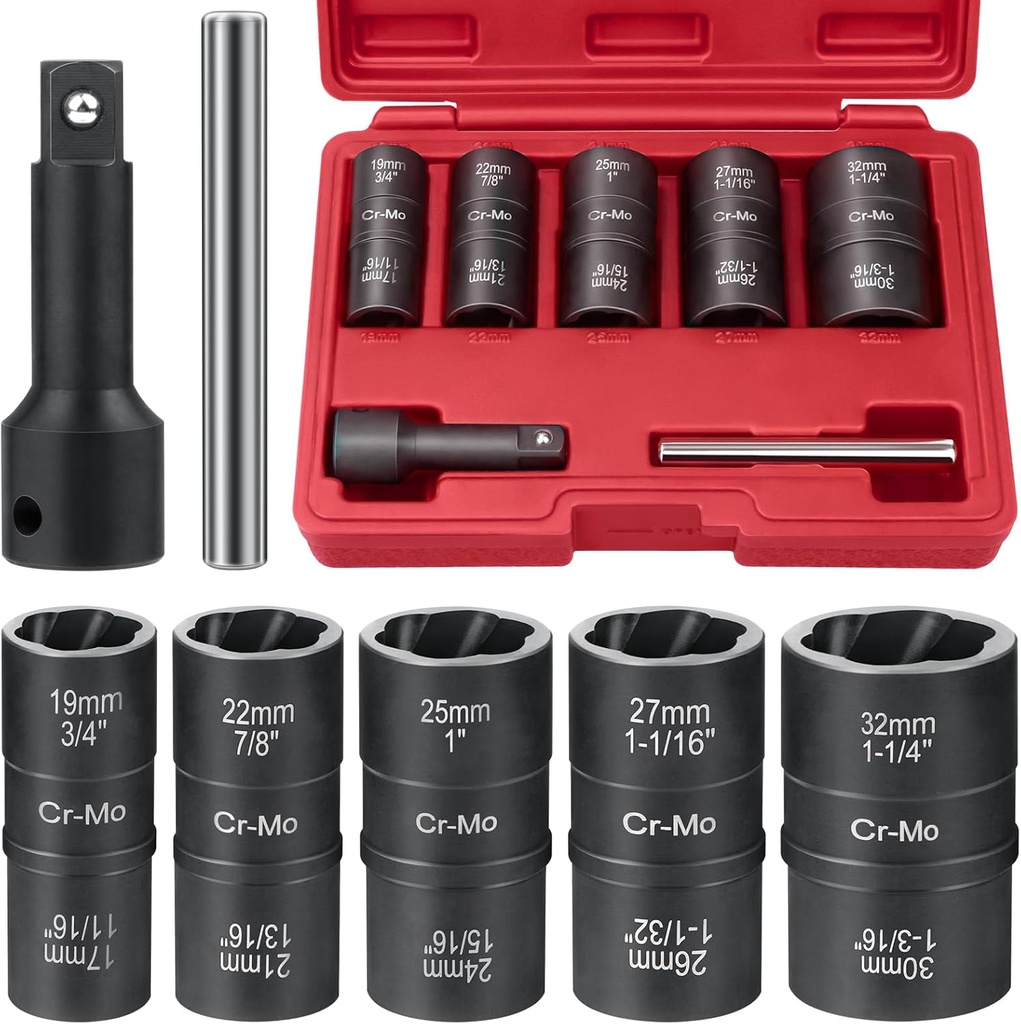 7Pcs Flip Editions Lug Nut Removal Tool & Impact Double Size Socket Set, with 1/2 Inch Adapter, Easy Out Broken Bolt Extractor Kit, Ez Out Stripped Wheel Lock for Rusted, Rounded, Damaged Nuts Screws