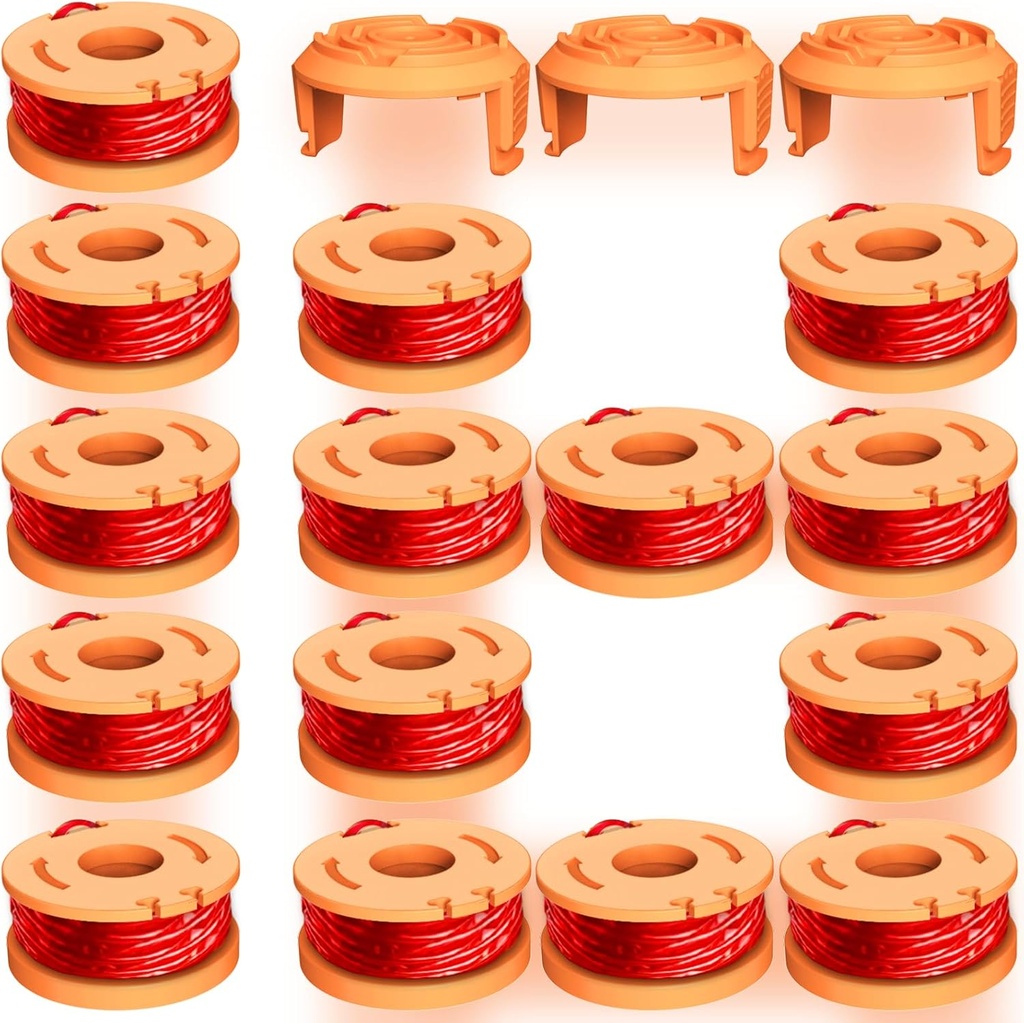 18 Pcs Replacement Trimmer Spools Compatible with Worx Weed Eater, 150ft, 0.065″ WA0010 Weed Wacker Refils and WA6531 Spool Cap Cover (15 Trimmer Spools+3 Spool Caps)