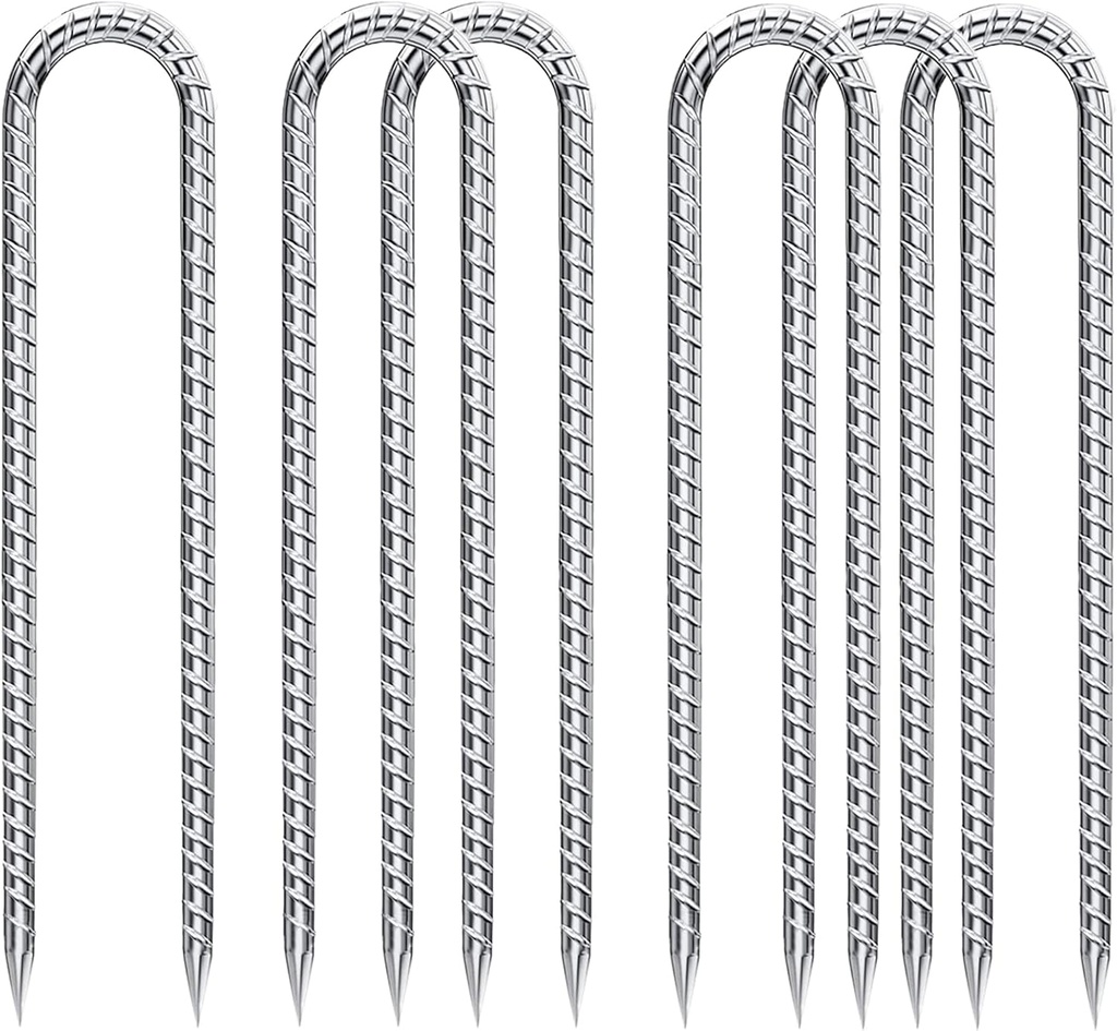 Rebar-Stakes-12-Inch-Galvanized, U Hook Trampoline Stakes 6 Pack Ground Anchors Tent Stakes Heavy Duty for Plants Anti-Rust Landscape Fabric Stakes Artificial Turf