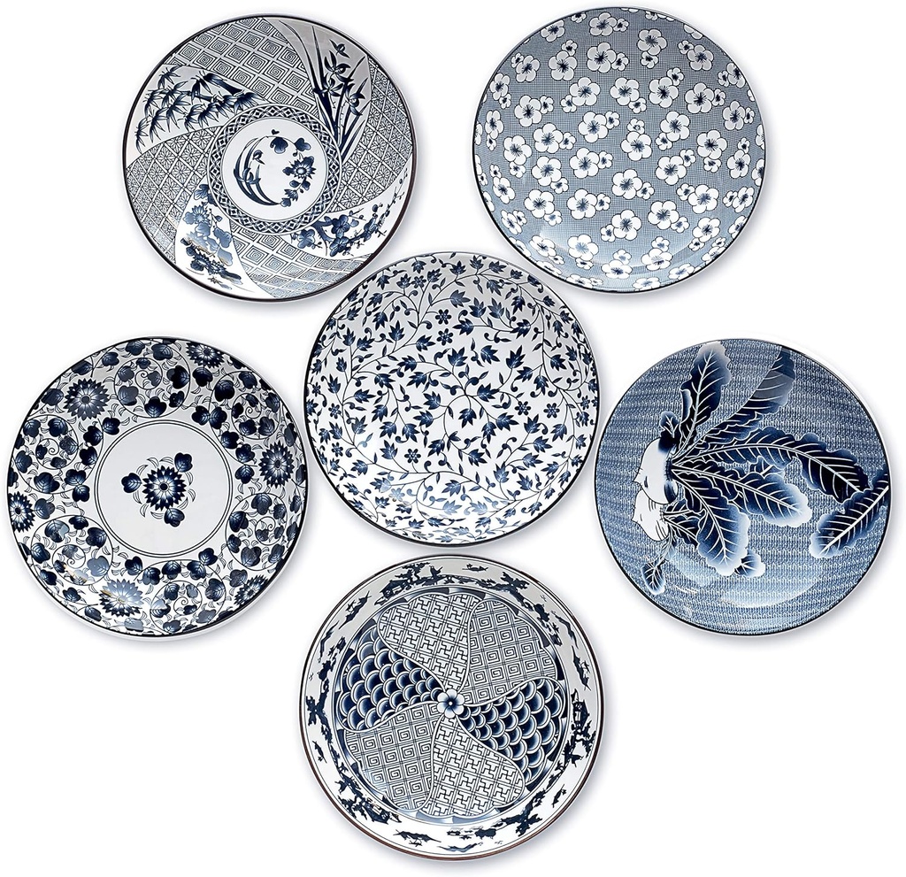 Japanese Style Ceramic Assorted Designs Traditional Blue and White Pattern Dinnerware Set (6PACK Blue White Plate 8")