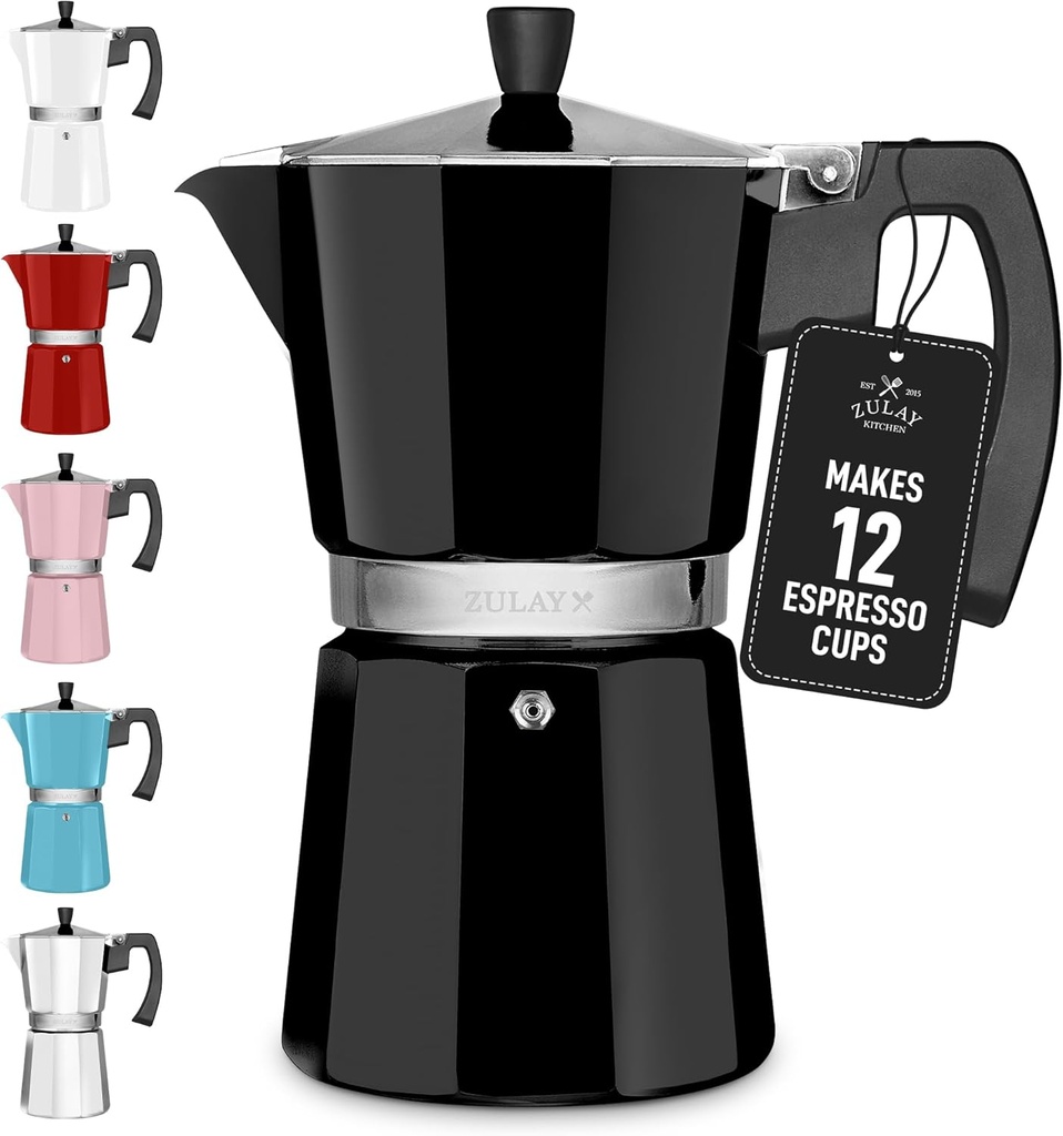Zulay Moka Pot Espresso Stovetop Coffee Maker - Leak-Proof, Stainless Steel, Easy to Clean, Heat Resistant Handle & Knob - for Authentic Cuban & Italian Style Espresso - Makes 12 Espresso Cups - Black