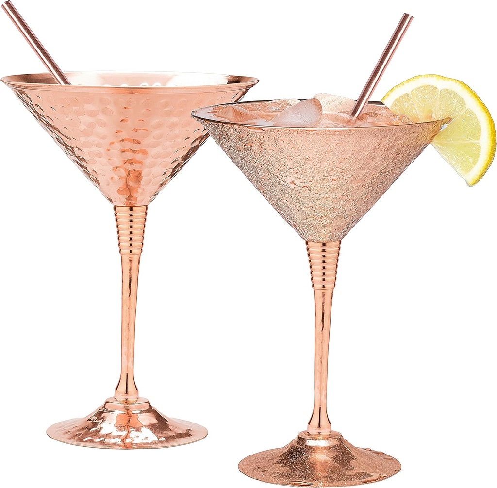 Copper martini glasses set of 2-9.5oz - with 2 copper straws. Hand hammered replacement for Moscow Mule copper mugs. A gift set for 7th anniversary wedding.