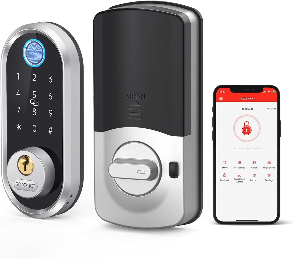 Smart Keyless Entry Door Lock - SMONET Fingerprint Electronic Deadbolt Touchscreen Keypad Biometric Digital Bluetooth Door Lock Smart Deadbolt Compatible with Alexa for Homes and Hotel Silver