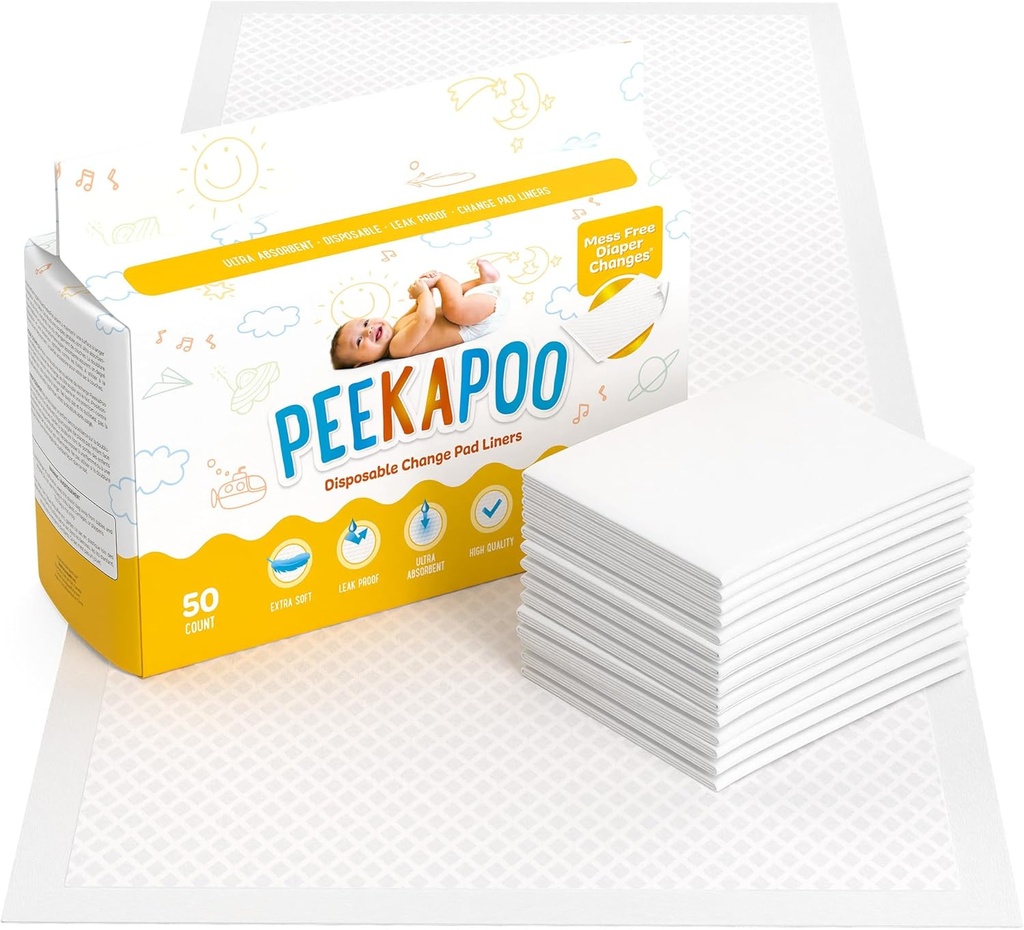 Peekapoo - The Original Disposable Baby Changing Pad Liners – 50 Pack | Super Soft, Waterproof, Ultra Absorbent | Portable, Travel-Friendly, Mess-Free Diaper Changes Anywhere
