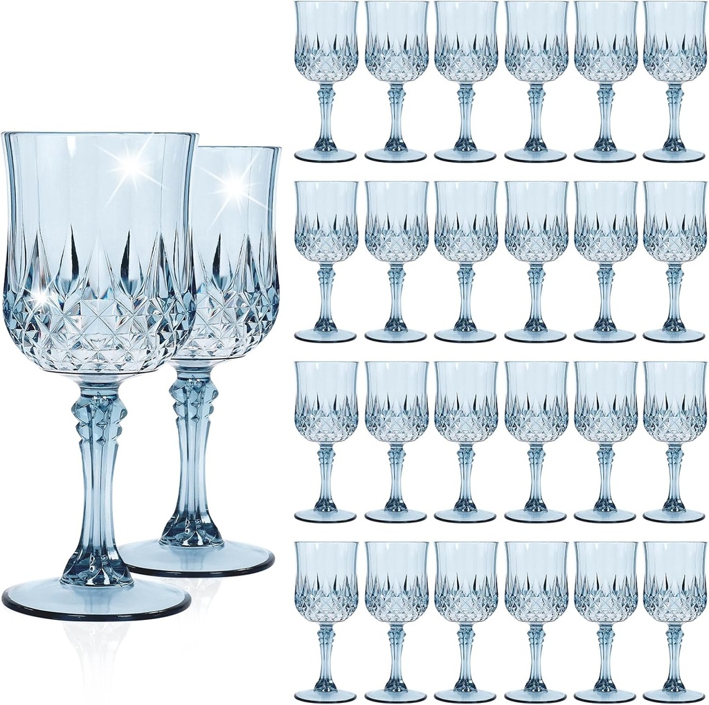 24 Pack Dusty Blue Plastic Wine Glasses, Vintage Plastic Goblets for Parties, Drinking Glasses Unbreakable Glassware Crystal Water Goblets Reusable Drinkware for Wedding Reception Grand Event Party