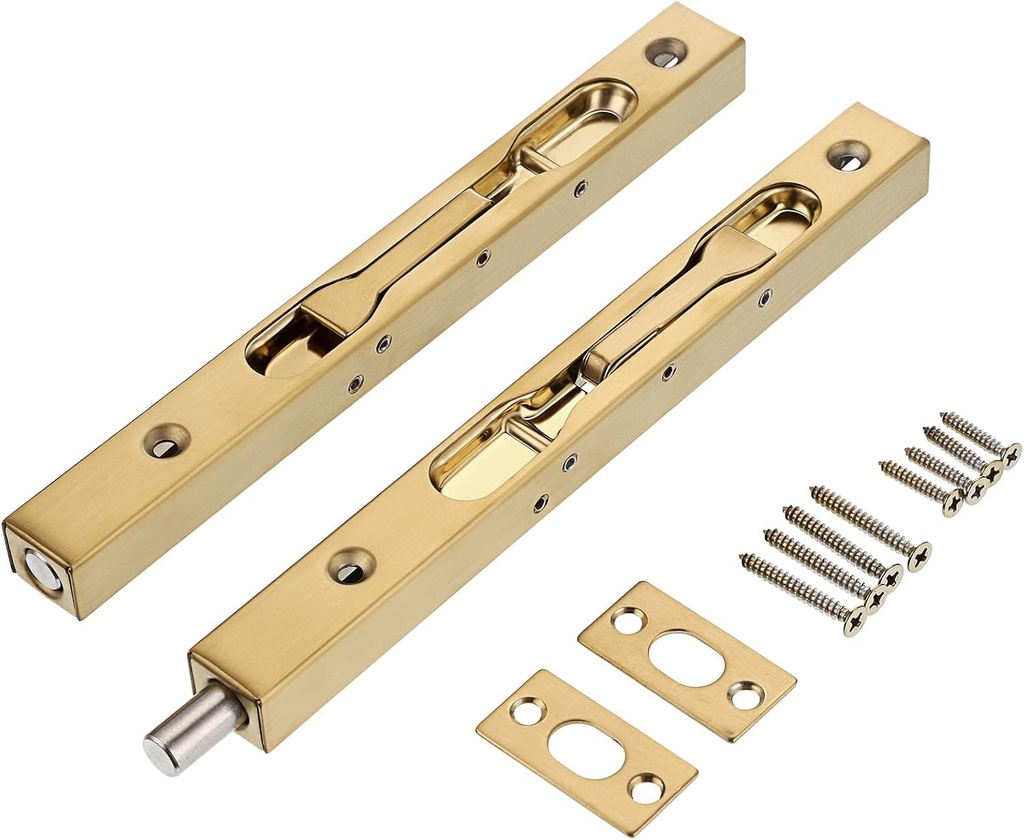 Sumnacon 2Pcs 8 Inch Door Bolts - Stainless Steel Concealed Security French Door Locks with Hardwares, Metal Flush Latch Bolts for Composite Wood Double Dummy Door, Gold