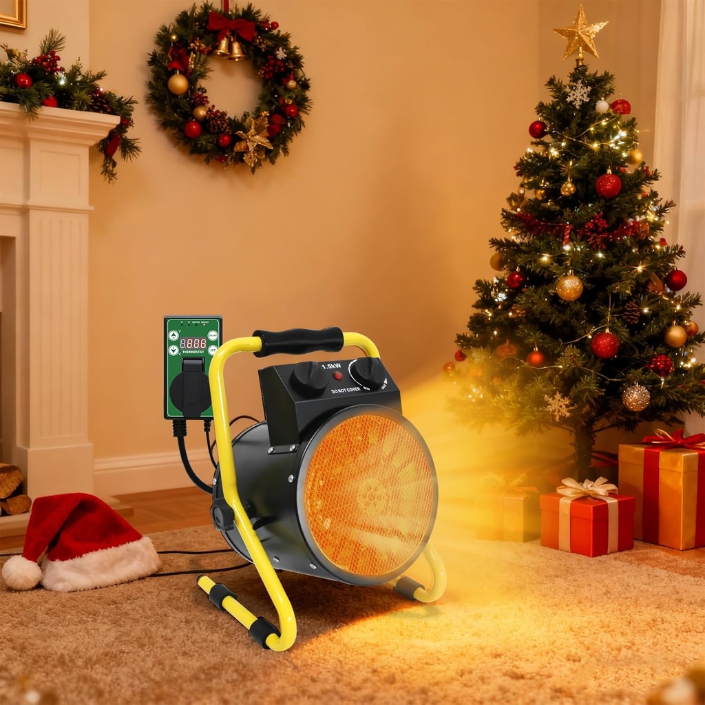 Portable Greenhouse Heater with Digital Thermostat, Overheat Protection, 1500W Radiant Electric Heater for Indoor Use, Garage, Grow Tent, RV, IPX4 Water Resistant, 2 Pieces, Black