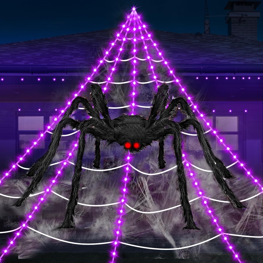 Halloween Decorations Outdoor Spider Web Lights, 23Ft 350 LED Light up Spider Web with 6.6Ft Giant Spider, 8 Modes Waterproof Timer Spiderweb Lights for Garden ＆ Haunted House Decor, Purple