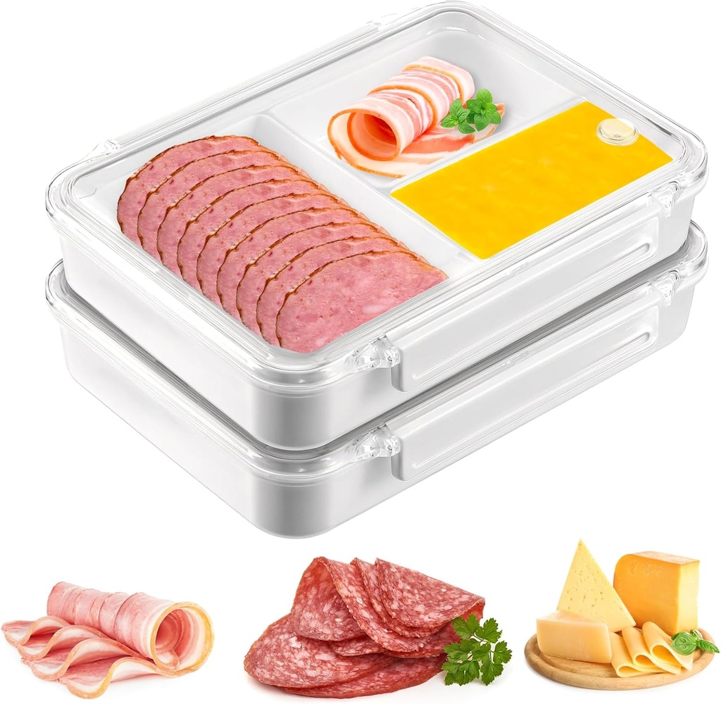 2 Pcs Ham and Cheese Container for Fridge, Deli Meat Storage Container With Clear Lids, Lunch Meat Container for Refrigerator, Silicone Sealed Lunch Meat Container