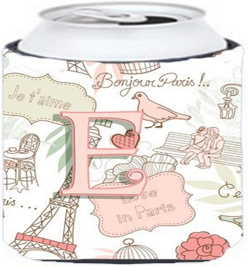 Caroline's Treasures CJ2002-ECC Letter E Love in Paris Pink Can or Bottle Hugger Cooler Washable Drink Sleeve Collapsible Beverage Insulated Holder, Can Hugger, Multicolor