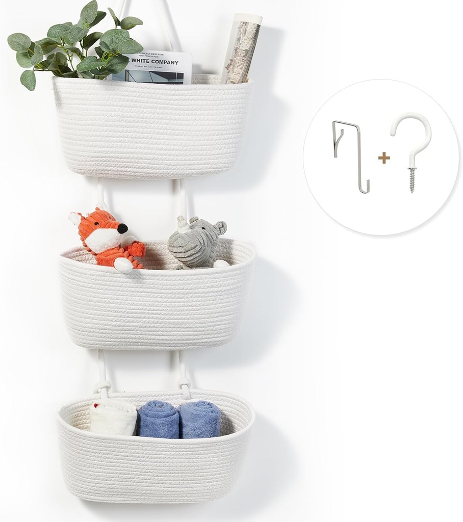 DULLEMELO Hanging Wall Baskets for Decor, 3-Tier Hanging Basket Organizer for Kitchen, White Woven Storage Basket with Door Hooks for Toy Storage