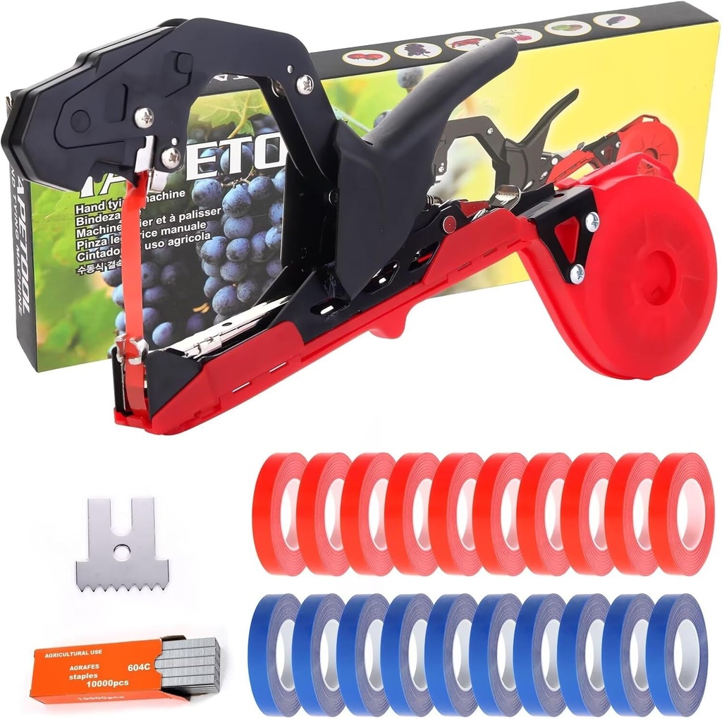 Plant Tying Machine, Lightweight Plant Vine Tying Tape Machine Tool, Plant Tape Gun for Tomatoes, Grapes and Vegetable Garden,Including Spare SK5 Blade, Garden Tapes and Staples(Red)