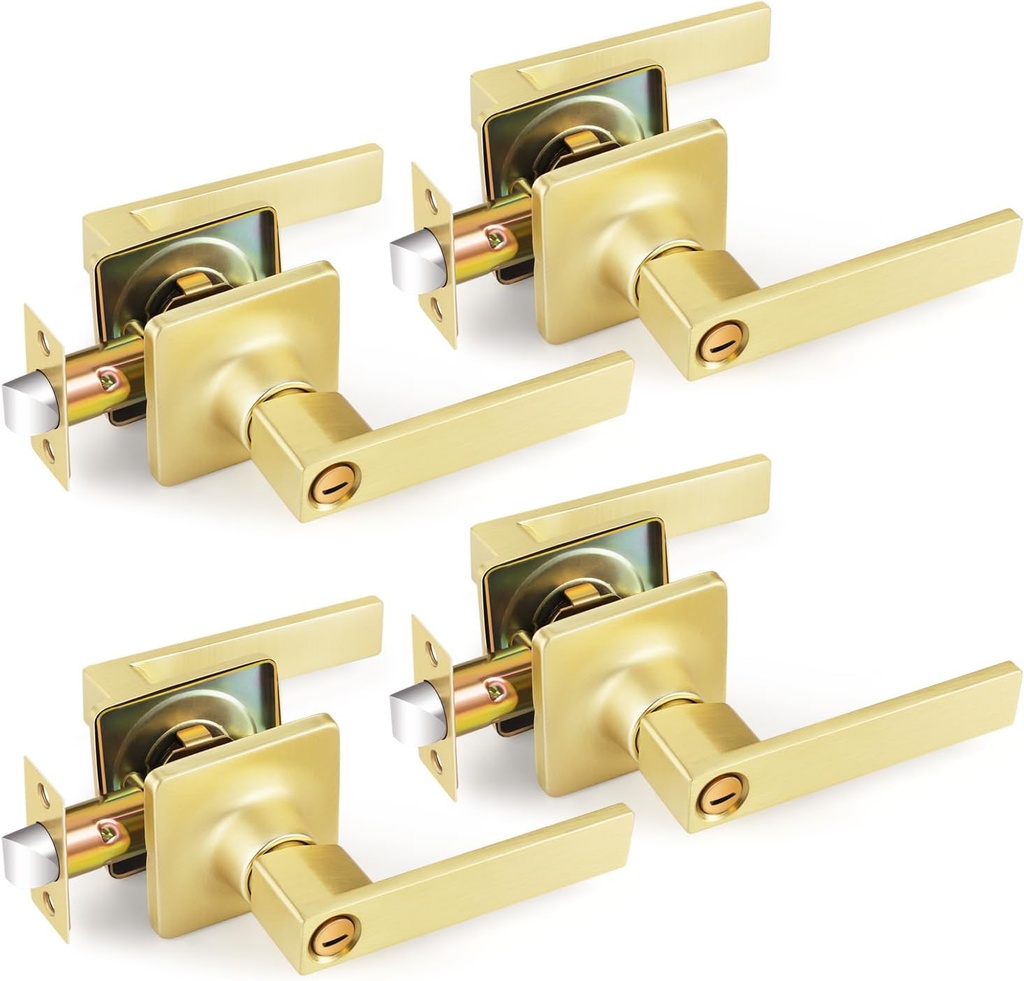 4 Pack Brushed Gold Door Lever, Keyless Door Knobs Interior, Bed/Bath Square Door Handles, Privacy Function, Locking Door Knob for Left & Right Side Doors