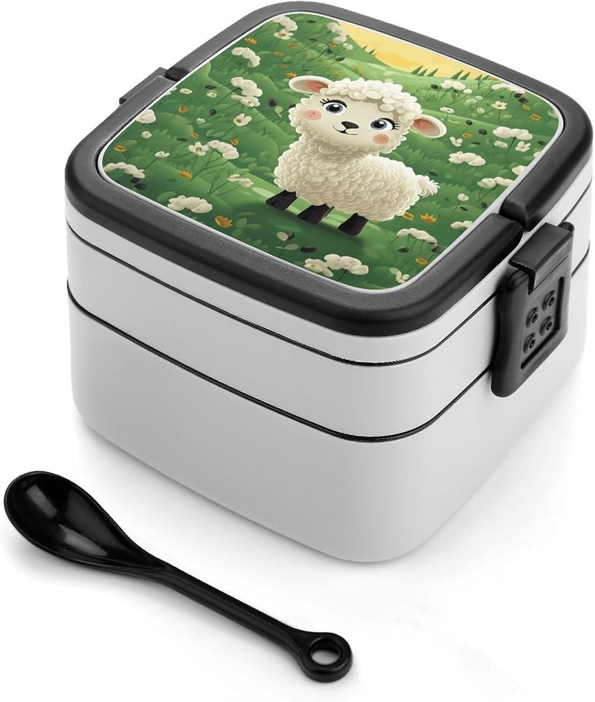 Stackable Double-Layer Bento Box Cute Cartoon Sheep Adults Lunchbox With Spoon Cute Japanese Bento Box Dishwasher Safe for Work Travel Dining Outc