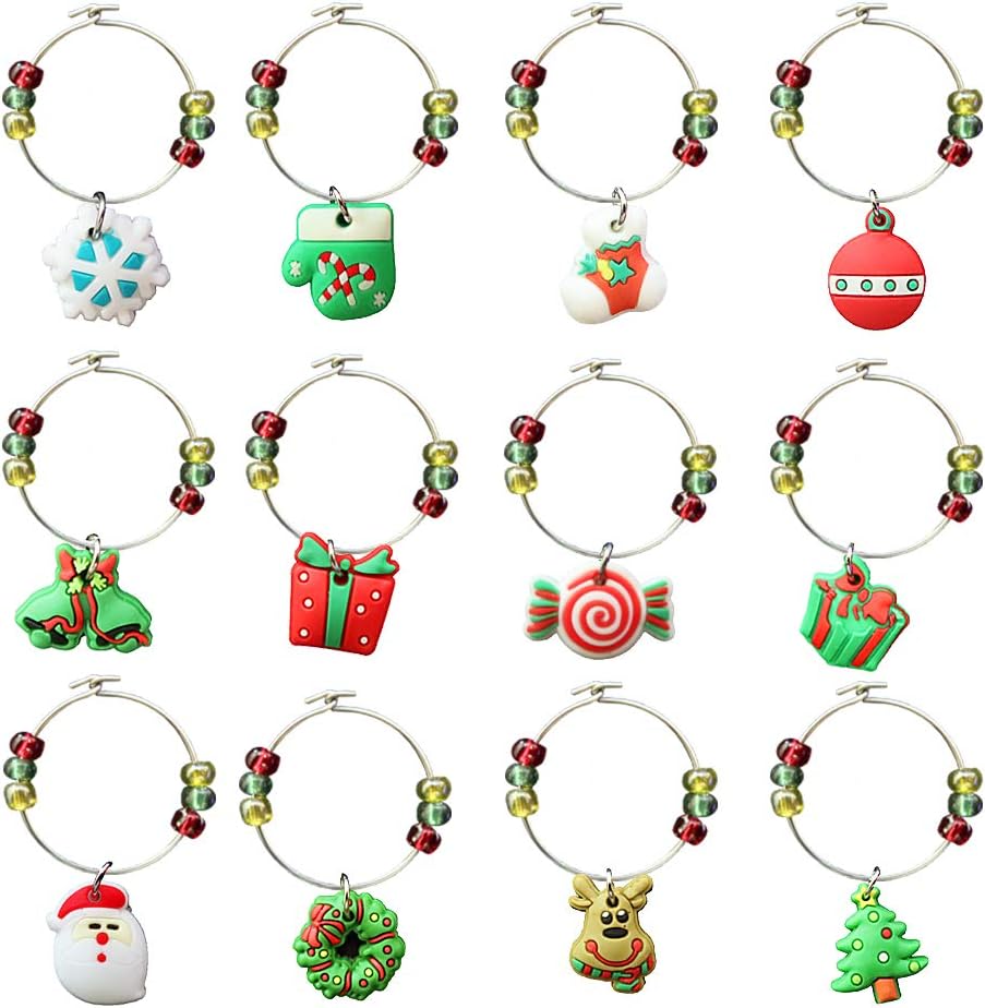 12 pcs Wine Glass Charms, Christmas Themed Goblet Drink Markers Tags with Buckle Design for Christmas Wine Cocktail Champagne Tasting Party Favors Supplies Gifts