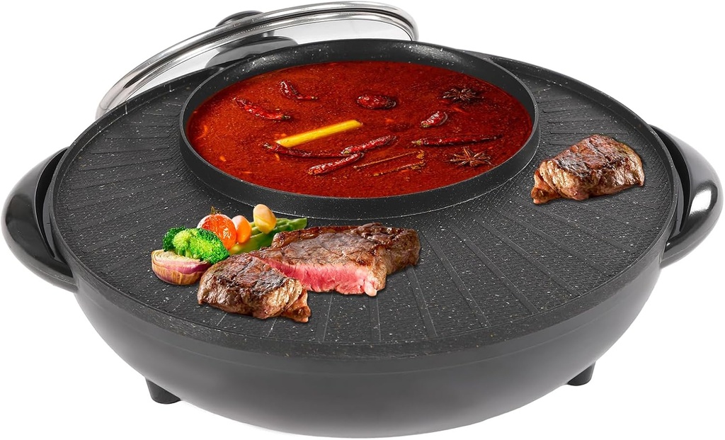 1350W Circular Edition Hotpot Grill Combo Indoor BBQ, 2-in-1 Electric Hot Pot Pan Frying Cook with Divider for Home, Parties, Barbecue Shops