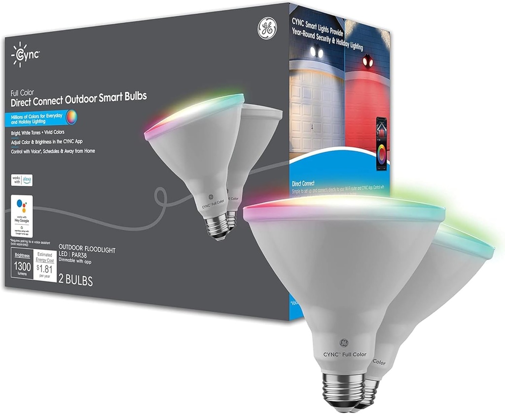 GE CYNC Smart LED PAR38 Flood Light Bulb - WiFi & Bluetooth Color Changing RGB Outdoor Light Bulbs - 90W Equivalent, Compatible with Alexa & Google Home - Dimmable, Long Lasting, Tuneable - Pack of 2