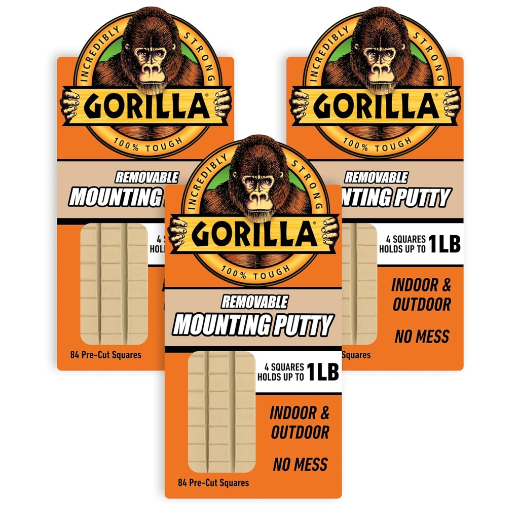 Gorilla Mounting Putty, Natural Tan Color, 84 Pre-Cut Squares (Pack of 3) - Non-Toxic Removable & Repositionable Wall Putty