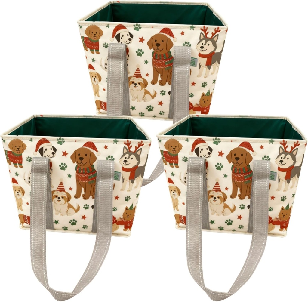 VENO 3 Pack Reusable Grocery Bags, Shopping Bags for groceries, Utility Tote with Handles and Hard Bottom, Foldable Shopping Cart Organizer, Water Resistant, Heavy-Duty (Xmas Type B, 6 Gallon)