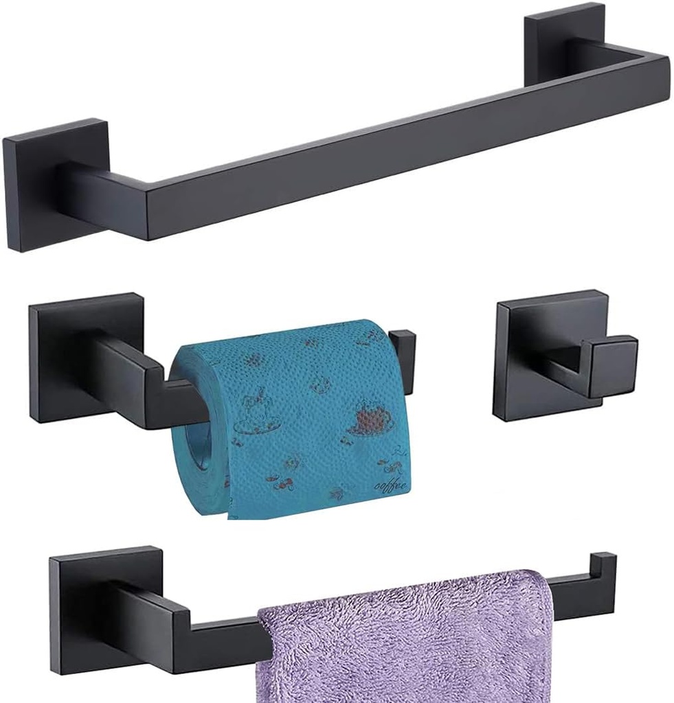 4-Pieces Bathroom Hardware Set Matte Black Bathroom Accessories Set SUS304 Towel Bar Set Includes 1 Towel Bar 15.7 Inch+1 Towel Holder+1 Toilet Paper Holder+1 Towel Hook (4, Matte Black)