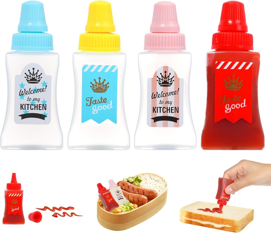 4 Pieces Mini Ketchup Bottle for Lunch Box, Small Condiment Squeeze Bottles Plastic Sauce Containers for Bento Lunch Accessories, Empty Bento Box Accessories for Lunches, 1 oz