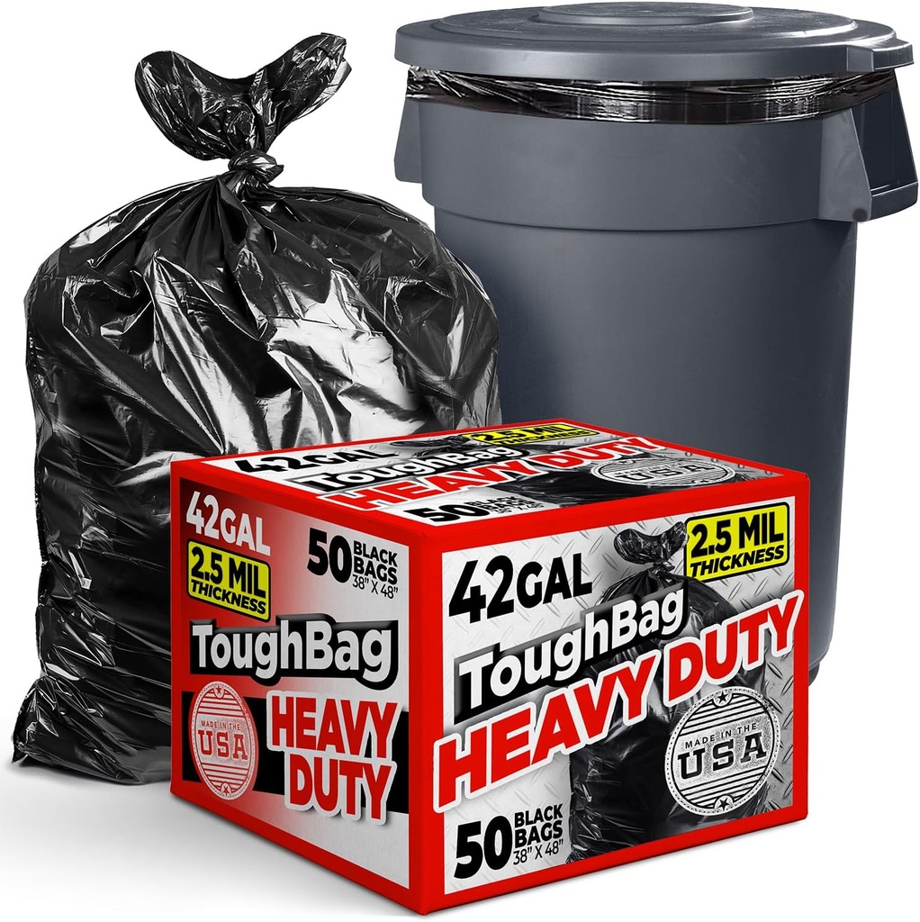 ToughBag 42 Gallon Trash Bags, 2.5 Mil Contractor Garbage Bags (50 COUNT) Heavy Duty Black Garbage Can Liners, 38 x 48" - Construction, Lawn, Industrial, Leaf - Made in USA