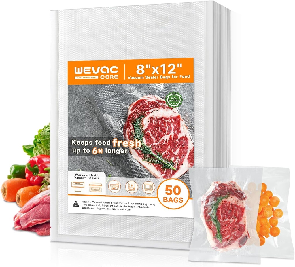 Wevac Vacuum Sealer Bags – 50 Count (8″×12″), Heavy-Duty BPA-Free Food Storage Bags, Puncture-Resistant, Freezer & Sous Vide Safe, Compatible with All Vacuum Sealers