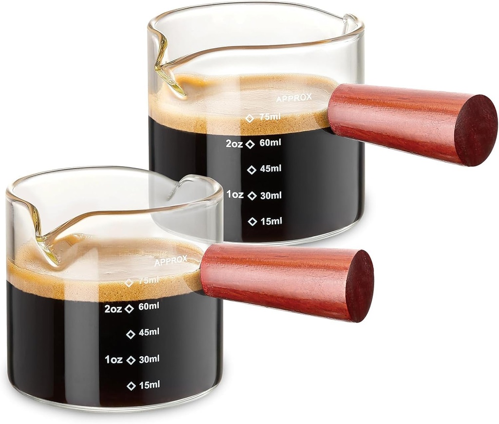 2 Pack Espresso Measuring Cups Glass, Small Measuring Double Shot Glass with Wood Handle, Clear Accessories, Coffee Measuring Cup, with V-Shaped Mouth, Milk Pitcher