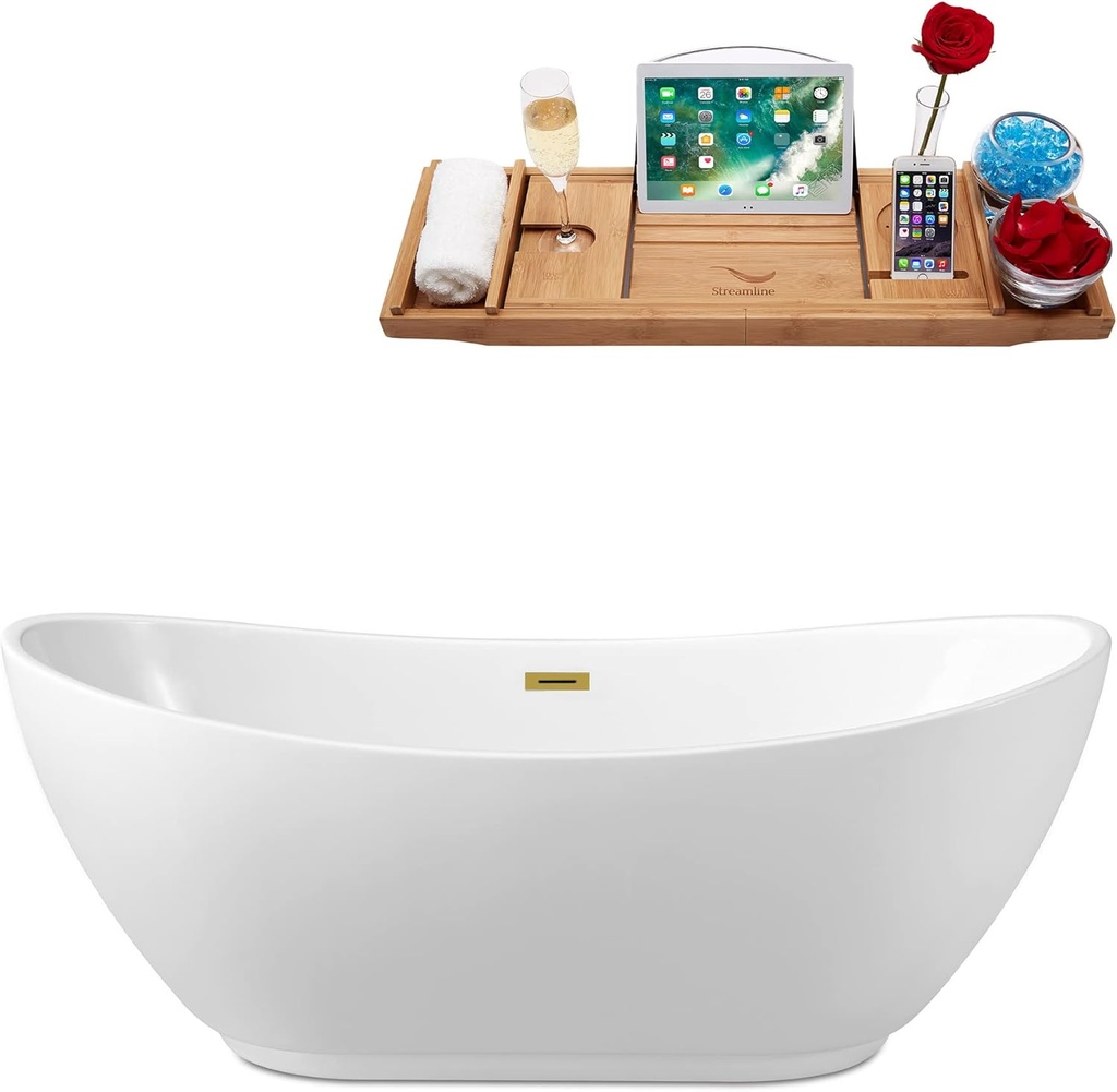 Streamline 62" Freestanding Soaking Bathtub – Glossy White Acrylic Tub with Brushed Gold Internal Drain and Bamboo Tray – Modern Ergonomic Oval Design – 53 Gallon Capacity