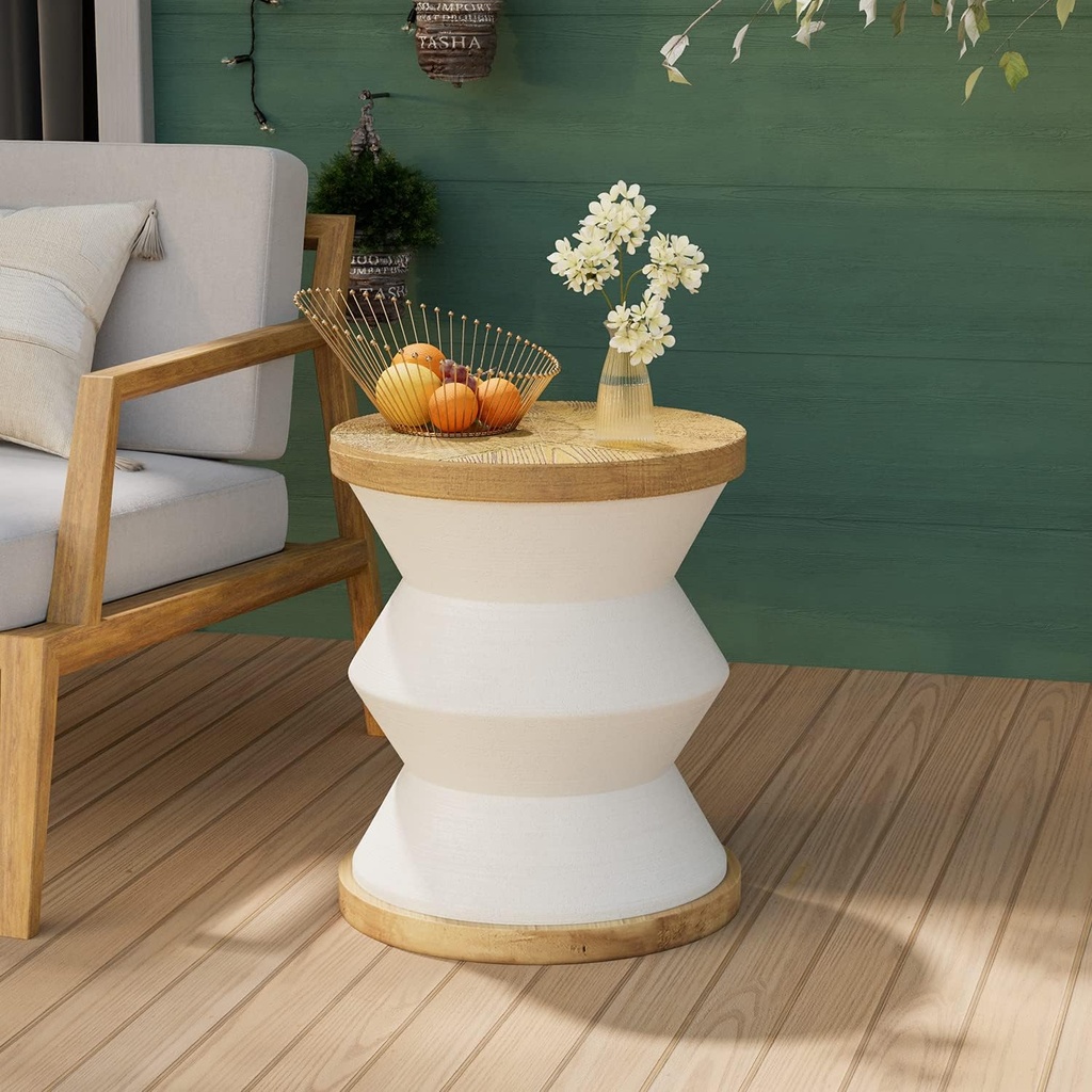 COSIEST White Outdoor Side Table, Round MgO Concrete End Patio Side Table, Lightweight Cylinder Top Plant Stand with Rotund Base for Garden and Deck