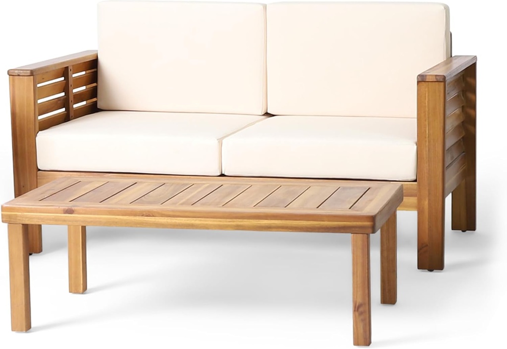 Christopher Knight Home Louver Outdoor Acacia Wood Loveseat and Coffee Table Set with Cushions, Acacia Wood 2 Seater Couch, Slats Panel Coffee Table, Chat Set for Balcony Garden Poolside, Teak+Cream
