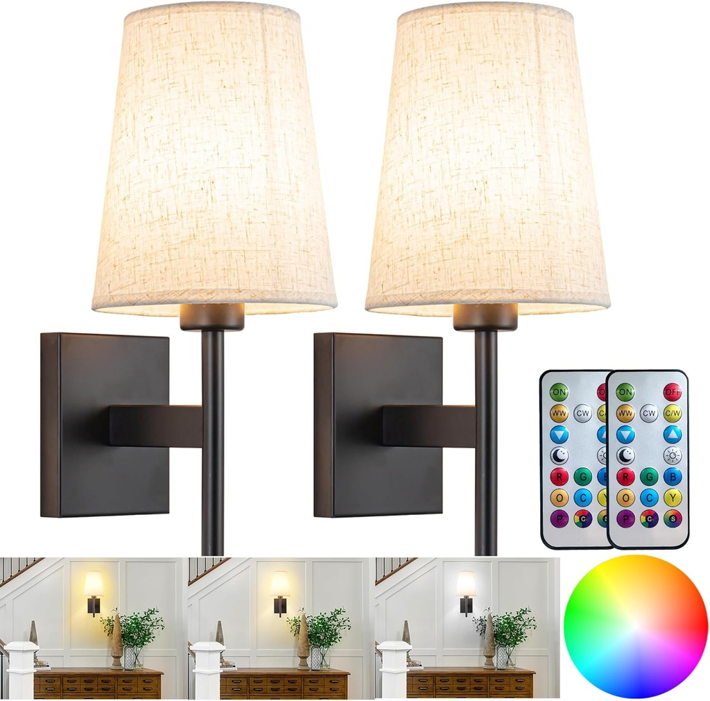 Battery Operated Wall Sconces Set of Two,Battery Operated Wall Lights with Remote, Fabric RGB Color Changing Dimmable Wall Lamp for Bedroom Living Room, Easy to Install (Color : Black)