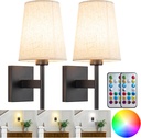 Battery Operated Wall Sconces Set of Two,Battery Operated Wall Lights with Remote, Fabric RGB Color Changing Dimmable Wall Lamp for Bedroom Living Room, Easy to Install (Color : Black)