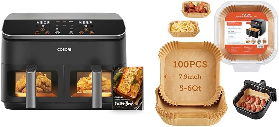 COSORI Dual Basket Air Fryer 9 Qt, Large and Wider Double Airfryer, 8-in-1, Sync Cook & Air Fryer Liners, 100 PCS Square Disposable Paper Liners, Non-Stick Silicone Oil Coating