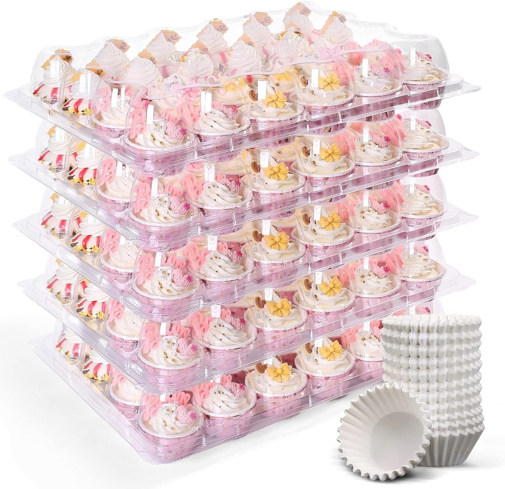 LotFancy Mini Cupcake Containers 24 Count, 12 Sets, Plastic Cupcake Holder with 288 Mini Cupcake Liners, Clear Disposable Cup Cake Carriers with Detachable Dome Lid
