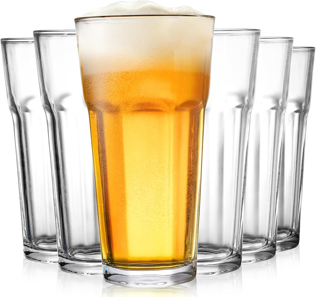 Yopay Set of 6 Drinking Glasses 16oz, Thick Tempered Water Glasses, Lead-Free Highball Pint Clear Iced Hot Tea Glassware for Juice, Beer, Cocktails Milkshake, Soda Tumbler