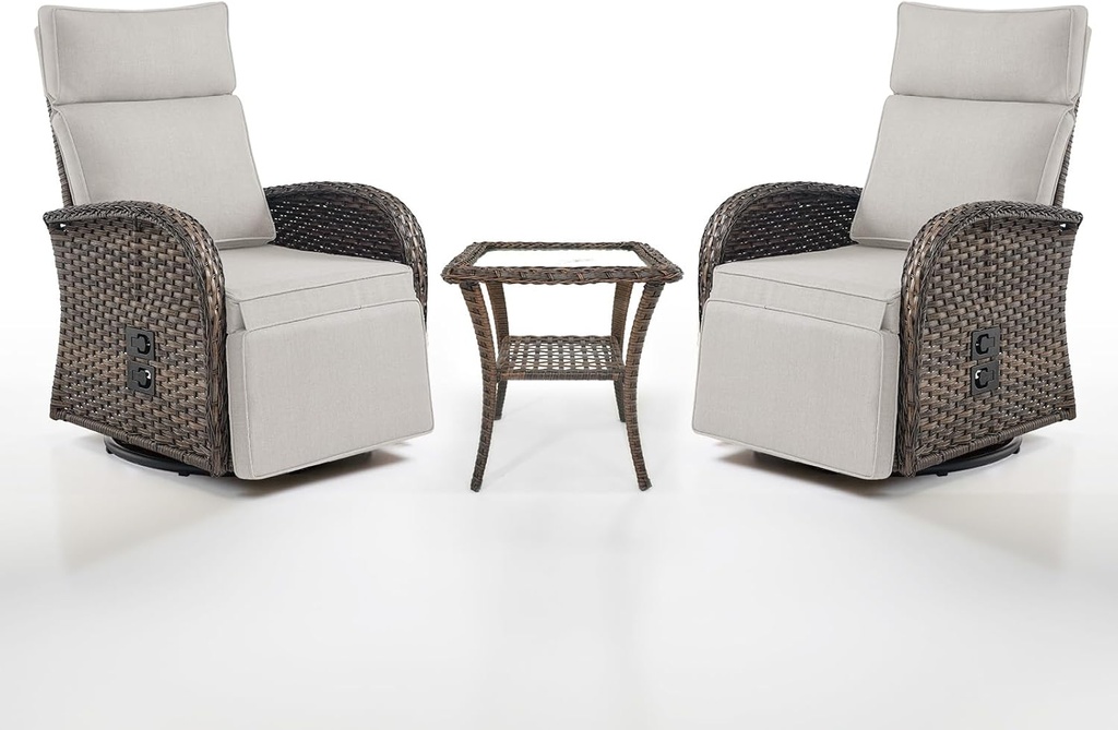 Dual-Adjust Swivel Outdoor Recliner Chair Set of 3 - Reclining Patio Chair with Adjustable Backrest and Footrest, All-Weather Wicker Chaise Lounge Outdoor with Side Table for Deck (Upgraded 2.0)