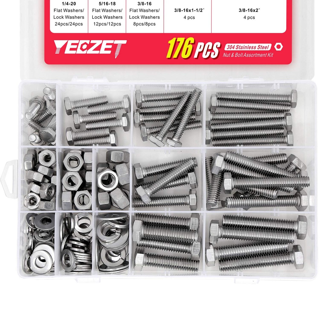 176PCS Heavy Duty Bolts and Nuts Assortment Kit, 304 Stainless Steel, Includes 9 Most Common Sizes (1/4-20, 5/16-18, 3/8-16)