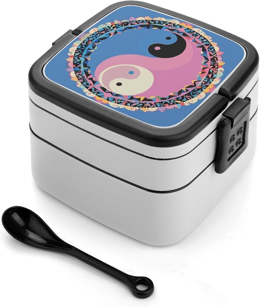 Stackable Double-Layer Bento Box Yin Yang Pattern Adults Lunchbox With Spoon Cute Japanese Bento Box Dishwasher Safe for Work Travel Dining Outc