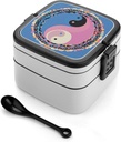 Stackable Double-Layer Bento Box Yin Yang Pattern Adults Lunchbox With Spoon Cute Japanese Bento Box Dishwasher Safe for Work Travel Dining Outc