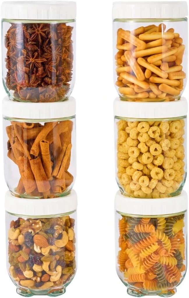 Hoa Kinh Glass Overnight Oats Jars with Lids, 20oz 6Pack Leak Proof Small Stackable Jars Kitchen Canisters for Overnight Oats, Cereal, Clear Empty Glass Jar with Lids for Kitchen(White 6Pack)