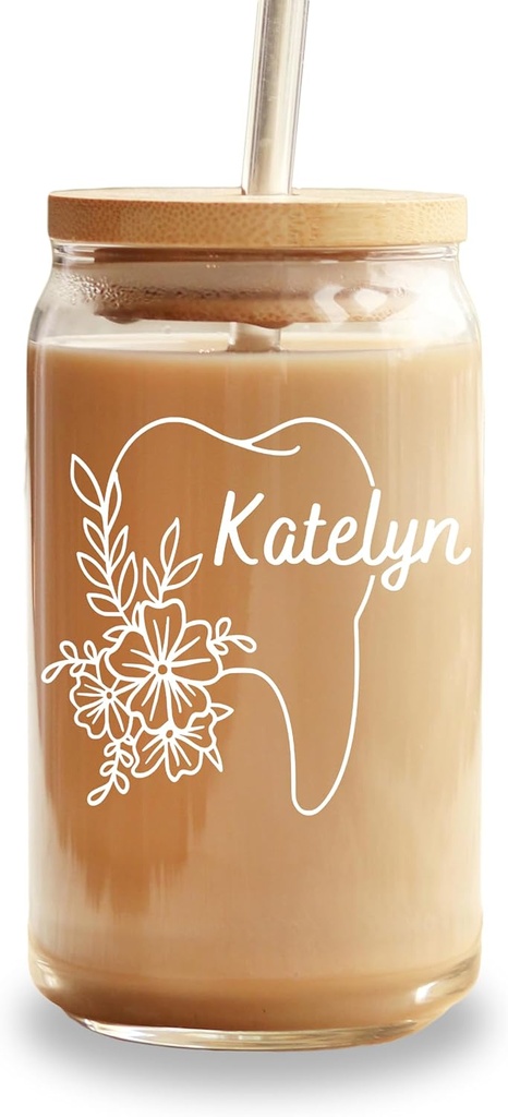 16oz Dental hygienist gift, Glass iced coffee glass, dentist gift, tumbler lid and straw, bulk dentist office gift, Dental assistant Gift Glass Cup Personalized Tumbler Dental Student Gift Coffee Cup
