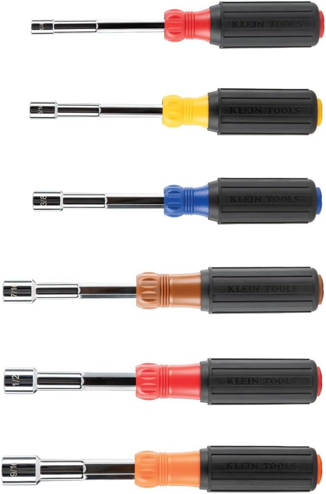 Klein Tools 65411 Hollow-Shaft Nut Driver Set, Heavy-Duty, Color-Coded Hex Sizes 1/4 to 9/16-Inch, Cushion-Grip Handles, 6-Piece